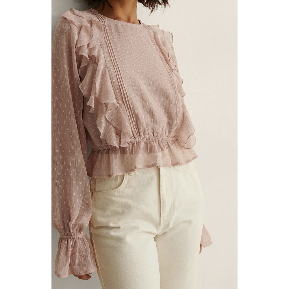 NA-KD Pink Ruffle Dobby Chiffon Blouse Top Shirt Long Sleeve Size EU 34 US 2 XS